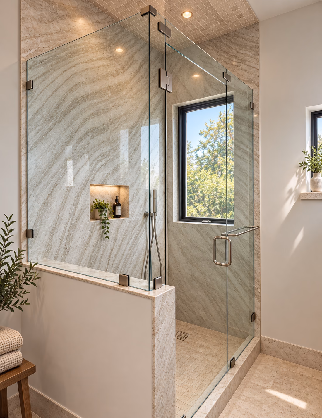 A corner walk-in shower behind frameless glass, with a stone wall and a window