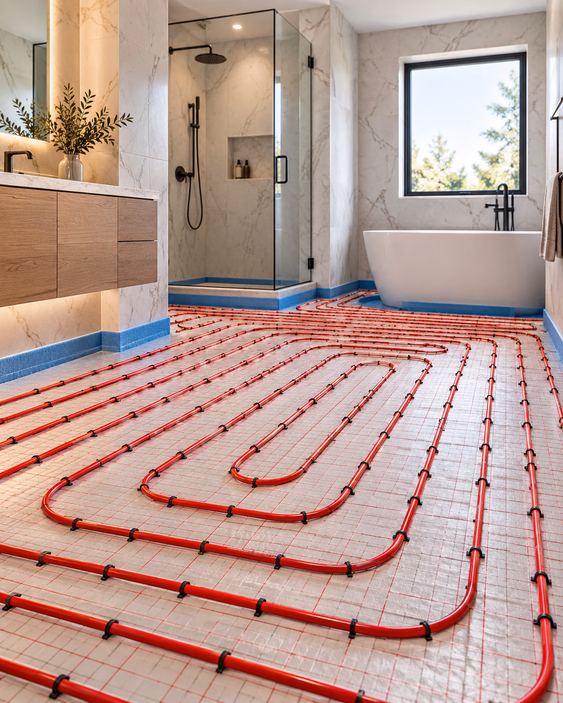 Radiant floor heating laid on a bathroom floor before tile