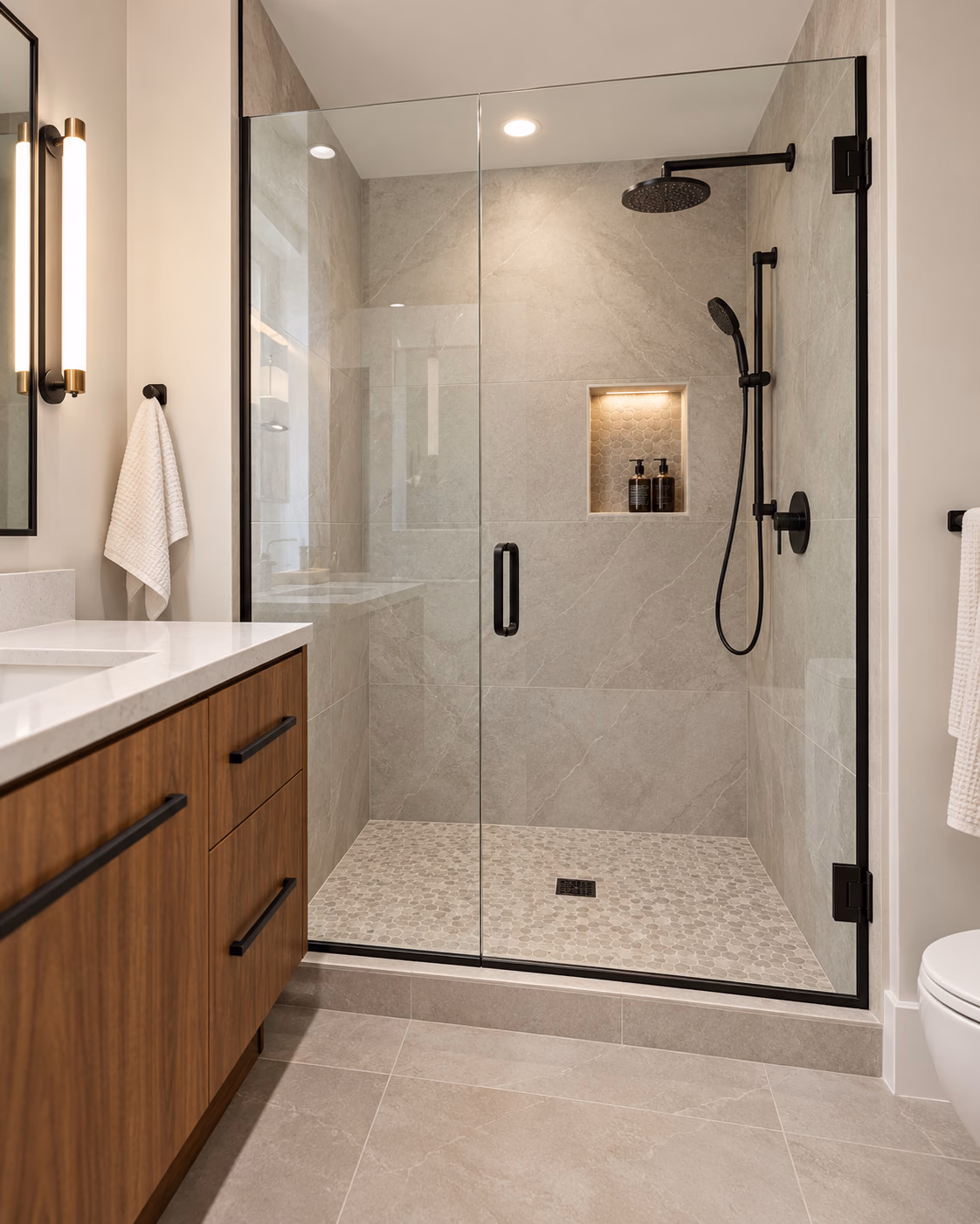 Walk-in shower with frameless glass, a lit niche and black fixtures