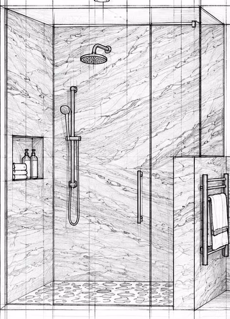 Pencil elevation of a walk-in shower with stone walls and a niche