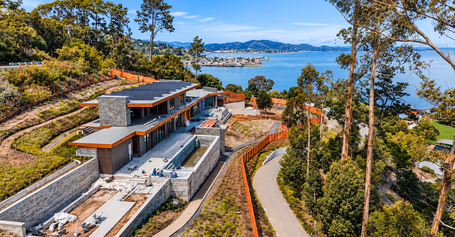 A hillside home under construction above the bay in Tiburon